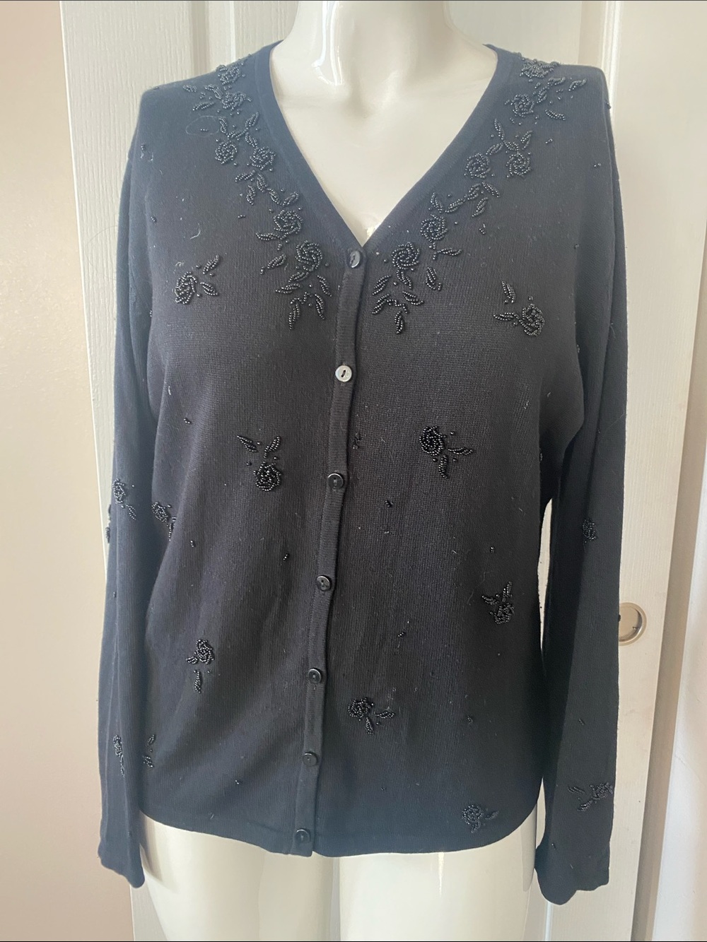 Talbots Black Beaded V‑Neck Button Cardigan